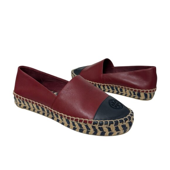 Tory Burch Color block LeatherEspadrille Flat Tuscan Wine Tory Navy Women's sz 7 - Picture 1 of 12